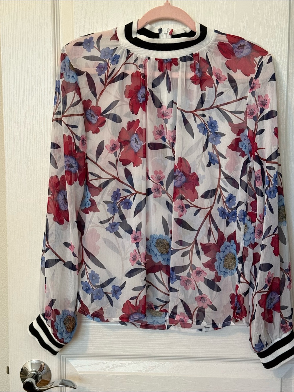 French Connection White Sheer Blouse with Red & Blue Floral Print